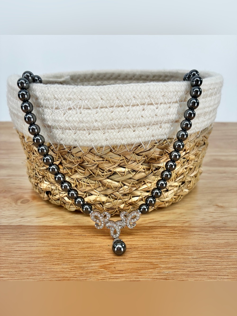 Faux Black Pearl Necklace with Rhinestone Scroll Centerpiece and Teardrop Pearl